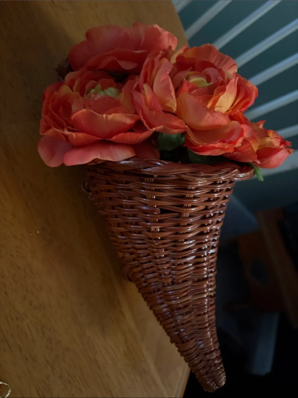Coral Faux Peony Wicker Cornucopia Table Decor
